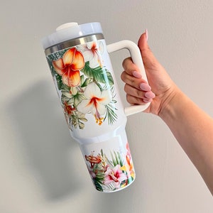 Tropical Hawaiian Hibiscus Flowers 40oz Tumbler With Handle,  Stainless Steel Cup With Handle and Straw, Floral Birthday Gift For Plant Mom