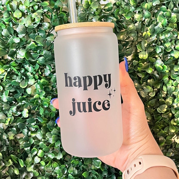 Happy Juice Coffee Glass Cup With Bamboo Lid and Straw, Gift for Smoothie, Iced Coffee Frosted Glass Tumbler, Natural Juice Mug