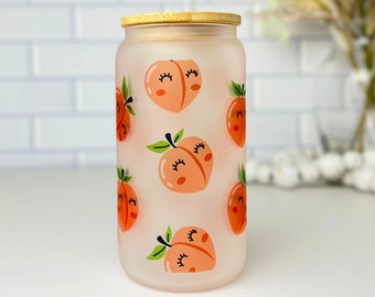 Vidrio de lata de cerveza de melocotón esmerilado, regalo de café helado de verano de moda, taza ecológica para llevar, tarro de bebida reutilizable con pajita y tapa, cristalería linda