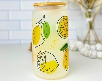 Lemon Frosted Glass Can, Fruits Glass Can Gift For Friend, Lemon Glass Tumbler With Straw, Lemonade Cup, Gift For Fruit Lover Cup, Lemon Cup
