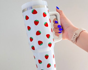 Vaso de fresa de 40 oz con asa, taza de acero inoxidable de viaje de 40 oz de fresas con pajita, taza de café con aislamiento de 40 oz de fruta de verano de moda