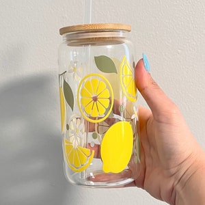 Lemon Beer Glass Can, Fruits Glass Tumbler, Lemons Glass Tumbler With Lid Straw, Lemonade Cup, Summertime Gift