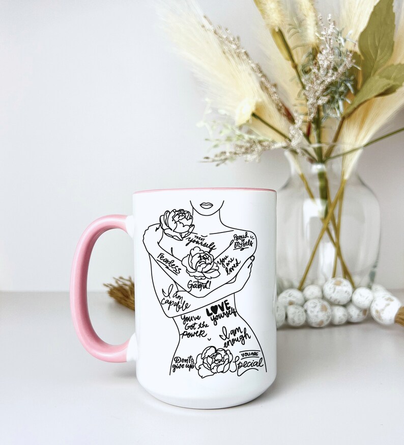 Taza de salud mental, taza de amor propio, regalo para ella, taza de afirmación diaria, taza motivacional, taza de palabras de afirmación, taza de café I am Woman imagen 5