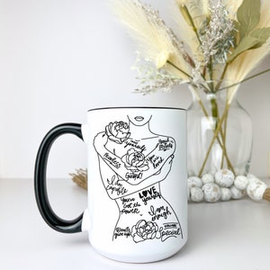 Puede incluir: Taza de cer&aacute;mica blanca con asa negra. La taza presenta un dibujo en l&iacute;nea negra de una mujer abraz&aacute;ndose a s&iacute; misma con las palabras "Love yourself" y otras afirmaciones positivas escritas en su cuerpo.