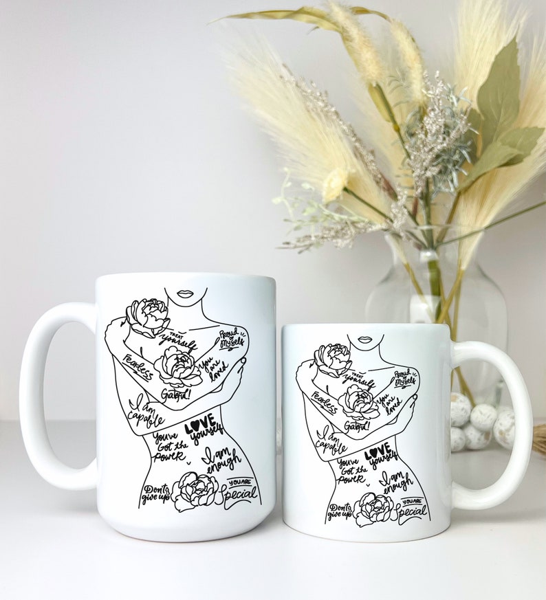 Taza de salud mental, taza de amor propio, regalo para ella, taza de afirmación diaria, taza motivacional, taza de palabras de afirmación, taza de café I am Woman imagen 2