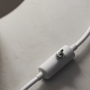 May include: A white cord with a white inline switch. The switch has a silver knob.