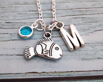 Nemo Fish necklace with initial and birthstone, Nemo Fish necklace, personalized Nemo Fish gift, Nemo Fish necklace for children.