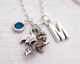 Dragon necklace with initial and birthstone, Dragon necklace, personalized Dragon gift, Dragon necklace for children, Dragon gift