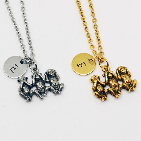 Three wise monkeys necklace with initial charm, personalized three monkeys necklace, personalized monkey gift,monkey initial necklace