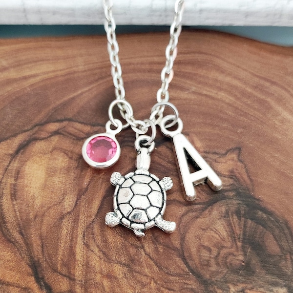 Turtle necklace with initial and birthstone, Turtle necklace, personalized Turtle gift,Turtle necklace for children,Turtle gift for children