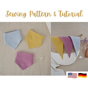 May include: Sewing pattern and tutorial for making baby bibs. Three bibs are shown in different colors: light blue, yellow, and pink. The bibs are made of a soft, textured fabric. The image also shows a basket with three bibs in it, and a starfish.