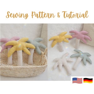 May include: A collection of colorful, handmade palm tree plushies. The plushies are in shades of pink, yellow, and green, with beige trunks. The image includes the text "Sewing Pattern & Tutorial".