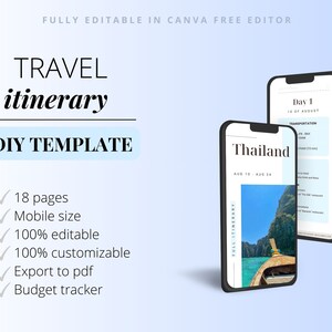 Peut inclure: Un modèle numérique d'itinéraire de voyage, affiché sur l'écran d'un smartphone. Le modèle est entièrement modifiable dans Canva et comprend 18 pages, un suivi budgétaire et la possibilité d'exporter en PDF. L'écran affiche un exemple d'itinéraire pour la Thaïlande, avec une photo d'un bateau à longue queue dans une baie tropicale.