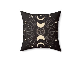 Black and gold celestial faux suede square pillow case. New apartment gift. Maximalist decor. Dark academia decor. Y2k room decor.