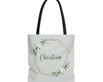 Custom name AOP Tote Bag. Personalized tote bag. Custom gift bag. Welcome bags. Bachelorette bags. Wedding welcome bags.