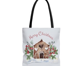 Merry Christmas Gingerbread House and Stocking Light Blue Tote Bag, Reusable Grocery Bag, Small Tote Bag, Tote Bag Aesthetic, Cute Tote Bag