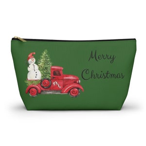 Cute Christmas Truck and Figure Skate Dark Green Accessory Pouch w T-bottom, Christmas Make-Up Bag, Gift for Her, Cosmetic Bag, Pencil Case