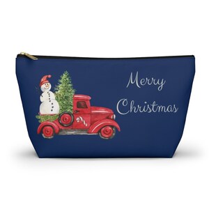 Cute Christmas Truck and Figure Skate Dark Blue Accessory Pouch w T-bottom, Christmas Make-Up Bag, Gift for Her, Cosmetic Bag, Pencil Case