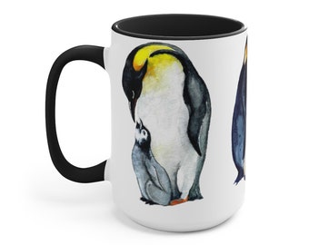 Penguin Two-Tone Coffee Mugs, 15oz. Penguin gifts. Earth friendly gift. Latte mug. Hot chocolate mug. Minimalist mug. Penguin lover gift.