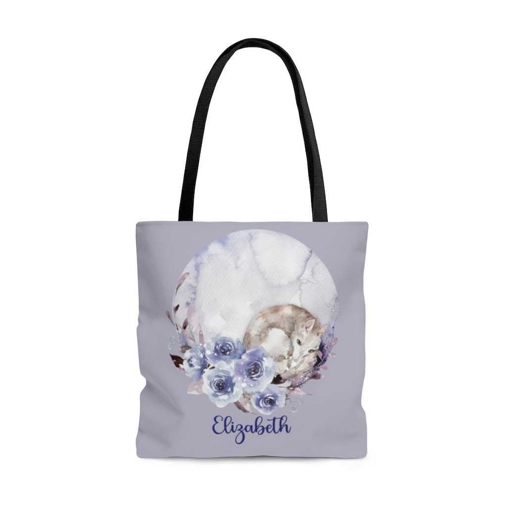 Custom name winter woodland wolf AOP Tote Bag. Woodland gift bag. Personalized tote. Custom gift bag. Welcome bags. Animal tote bag.
