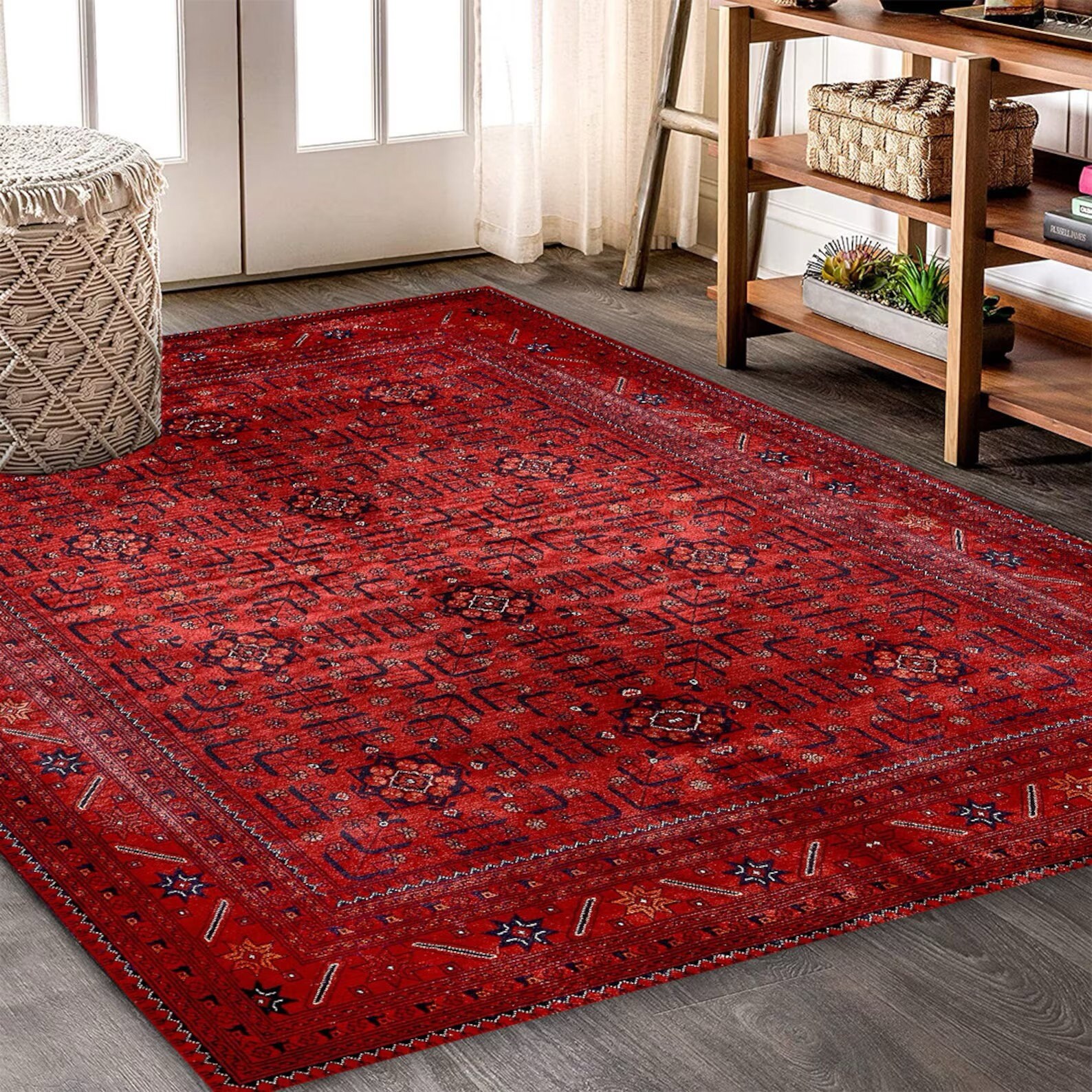 Red Turkish Area Rug, Vintage Traditional Turkmen Geometric Design Afghan Farmhouse Boho Luxury