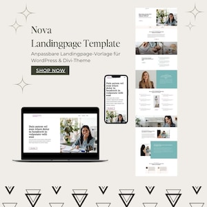 Puede incluir: Una maqueta de computadora portátil con un diseño de sitio web para una plantilla de página de destino. El diseño del sitio web presenta a una mujer trabajando en un escritorio con una computadora portátil y una taza de café. El texto en el sitio web dice "Duis autem vel eum iriure dolor in hendrerit in vulputate velit esse". El texto en la imagen dice "Nova Landingpage Template Anpassbare Landingpage-Vorlage für WordPress & Divi-Theme SHOP NOW".