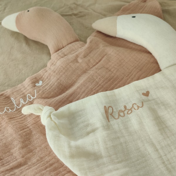 Personalisiert mit Namen Schmusetuch Schnuffeltuch Kuscheltuch Tuch Gans Ente 100 % Musselin Baumwolle rosa beige blau