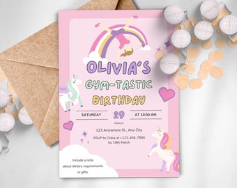 Bearbeitbare Einhorn-Gymnastik-Geburtstags-Einladung, anpassbare Vorlage, digitaler Download für Kinderparty - GYMU001