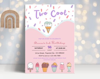 Zwei coole Geburtstagseinladungen, bearbeitbare Popsicle Ice Pop Einladung, digitale Sommerparty einladen für Kinder | TWOC001