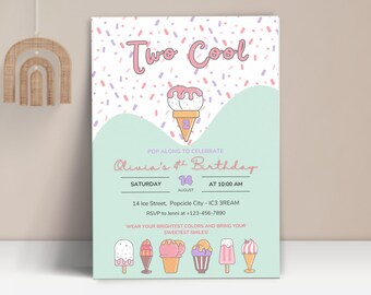 Zwei coole Geburtstagseinladungen Ice Pop, lustige bearbeitbare Ice Pop-Geburtstagseinladung, digitale Popsicle-Party einladen für Kinder | TWOC003