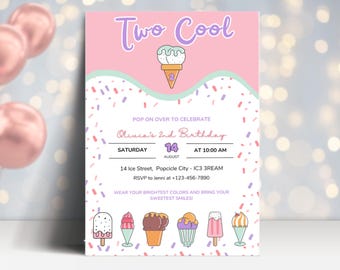 Geburtstag 2 - Zwei coole Geburtstagseinladungen, lustige bearbeitbare Ice Pop-Geburtstagseinladung, digitale Popsicle-Party einladen für Kinder | TWOC002