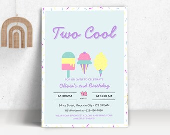 Zwei coole Popsicle-Geburtstagseinladung, digital bearbeitbare Einladung zur Geburtstagsfeierfeier im Sommer | TWOC005