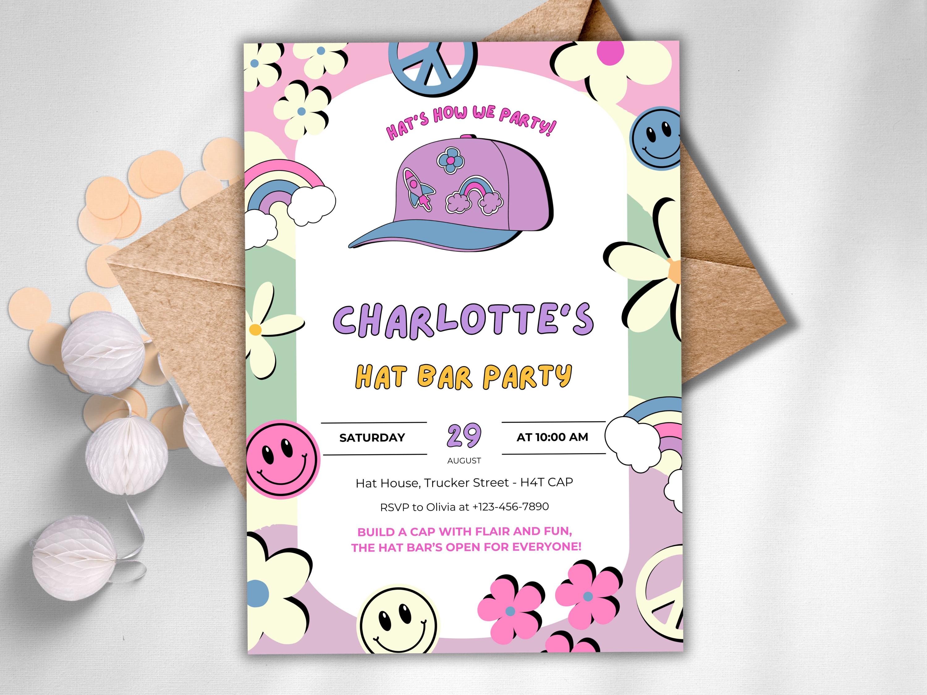 Hat Bar Birthday Invite, Retro Digital Invitation, Customizable ...