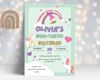 Bearbeitbare Einhorn-Gymnastik-Geburtstags-Einladung, grün und rosa, anpassbare Vorlage, digitaler Download für Kinderparty - GYMU002