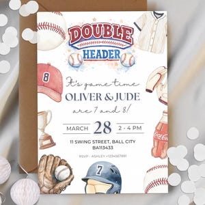 Double Header Boys Birthday Invitation | Baseball Themed Joint Birthday Invite | Editable Sports Party Template | BBALL002