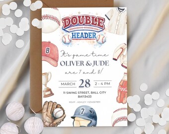Invitación de cumpleaños doble para niños / Invitación de cumpleaños conjunta con temática de béisbol / Plantilla editable para fiesta deportiva / BBALL002