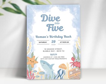 Onder de zee-verjaardagsuitnodiging | Ocean Animals-feest, duik in vijf (bewerkbare sjabloon) | DUIK001
