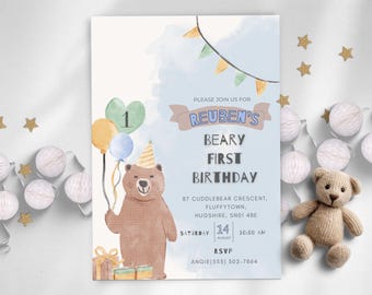 Invitación de primer cumpleaños de Blue Beary, adorable invitación de cumpleaños de oso, adorable fiesta de primer cumpleaños / picnic de osos de peluche, digital / BEARF001