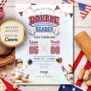 May include: Baseball-themed invitation with the text "Join us for a Double Header." The design includes baseballs, bats, and illustrations of children playing baseball. The invitation is editable in Canva and includes event details.