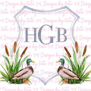 May include: Watercolor illustration featuring two ducks, cattails, and reeds. The ducks are positioned on either side of a shield-shaped emblem with the letters "HGB" in the center. The background is a repeating pattern of text.