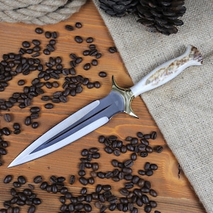 Fairbairn Sykes Knife With Deer Antler Handle, Personalized Knife, Steel Hunting Knife, Double Edge Knife, Gift For Him, Tactical Knife