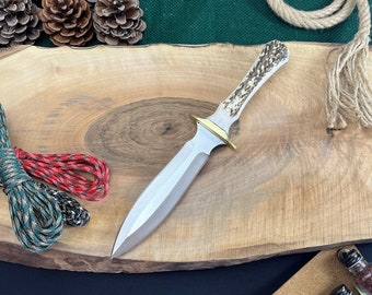 Fairbairn Sykes Knife With Deer Antler Handle, Personalized Knife, Steel Hunting Knife, Double Edge Knife, Gift For Him, Tactical Knife