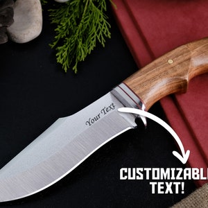 Personalized Bushcraft Knife with Walnut Wood Handle, Leather Sheath, Outdoor Bushcraft, Camping Knife, Survival Tool, Custom Knife