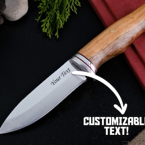 Personalized Bushcraft Knife with Walnut Wood Handle, Custom gift Knife, Leather Sheath, Handmade Knife, Engraved Knife, Survival Tool
