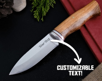 Personalizowany nóż Bushcraft z rękojeścią z drewna orzechowego, spersonalizowany nóż na prezent, skórzana pochwa, ręcznie robiony nóż, grawerowany nóż, narzędzie survivalowe