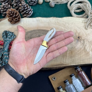 Custom Mini Necklace Knife with Deer Antler Handle, Handmade Knife, Father Daughter Gift, Hiking Gifts, Personalized Knife, Knife Sheath