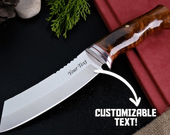 Personalizowany nóż Bushcraft z rękojeścią z drewna orzechowego, spersonalizowany nóż na prezent, skórzana pochwa, ręcznie robiony nóż, grawerowany nóż, narzędzie survivalowe