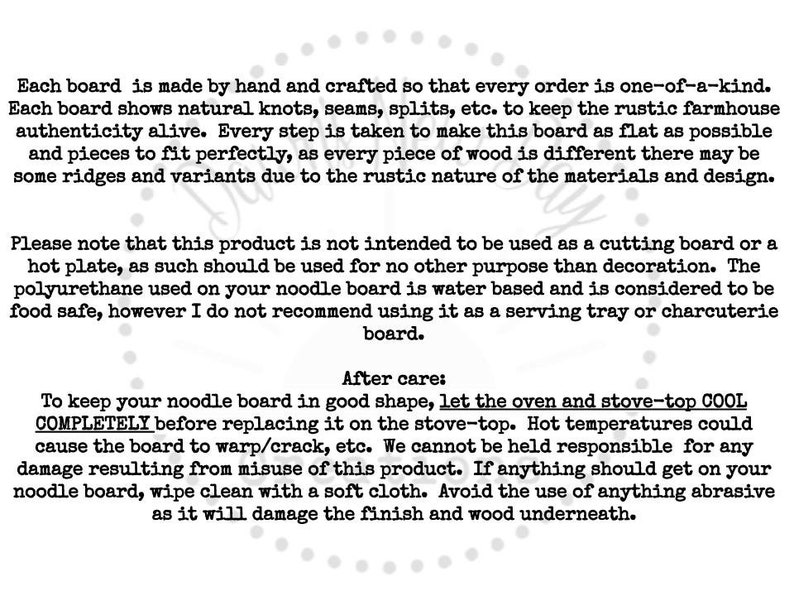 May include: A rustic wooden noodle board with a natural wood grain and knots. The text "After care: To keep your noodle board in good shape, let the oven and stove-top COOL COMPLETELY before replacing it on the stove-top. Hot temperatures could cause the board to warp/crack, etc. We cannot be held responsible for any damage resulting from misuse of this product. If anything should get on your noodle board, wipe clean with a soft cloth. Avoid the use of anything abrasive as it will damage the finish and wood underneath." is printed on the board.