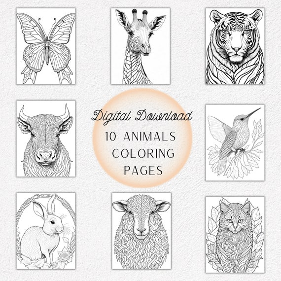 Floral Animals Coloring Pages. Animal Coloring Book for Adults and Kids.  Coloring Bundle. Printable PDF Coloring Book. Instant Download. 