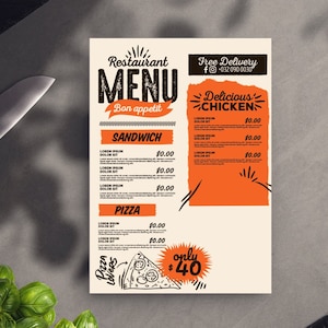 Menú de restaurante, menú de restaurante imprimible, plantilla de menú de restaurante digital, plantilla de menú comercial, lista de precios de plantillas editables